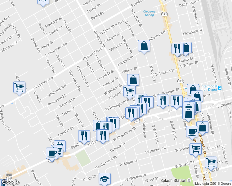 map of restaurants, bars, coffee shops, grocery stores, and more near 510 West Heard Street in Cleburne