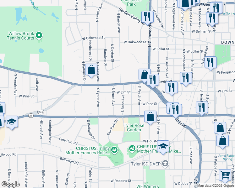 map of restaurants, bars, coffee shops, grocery stores, and more near 2014 West Elm Street in Tyler