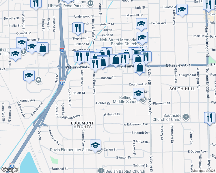 map of restaurants, bars, coffee shops, grocery stores, and more near 121 Courtland Drive in Montgomery