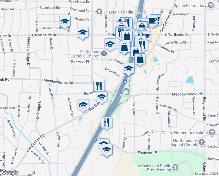 map of restaurants, bars, coffee shops, grocery stores, and more near 1200 Meadowbrook Road in Jackson