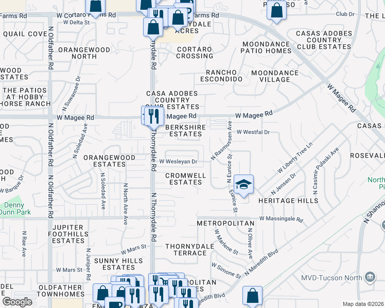 map of restaurants, bars, coffee shops, grocery stores, and more near 3550 West Wesleyan Drive in Tucson