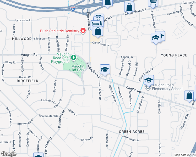 map of restaurants, bars, coffee shops, grocery stores, and more near 1900 Green Acres Drive in Montgomery