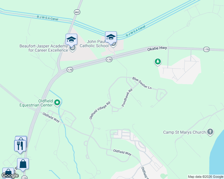 map of restaurants, bars, coffee shops, grocery stores, and more near 36 Oldfield Village Road in Okatie