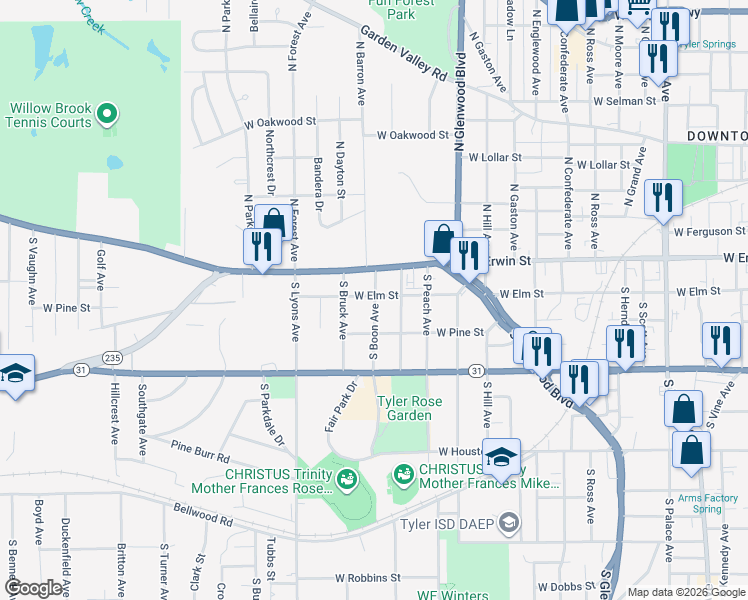 map of restaurants, bars, coffee shops, grocery stores, and more near 2014 West Elm Street in Tyler