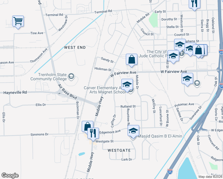 map of restaurants, bars, coffee shops, grocery stores, and more near 3040 Fairwest Place in Montgomery