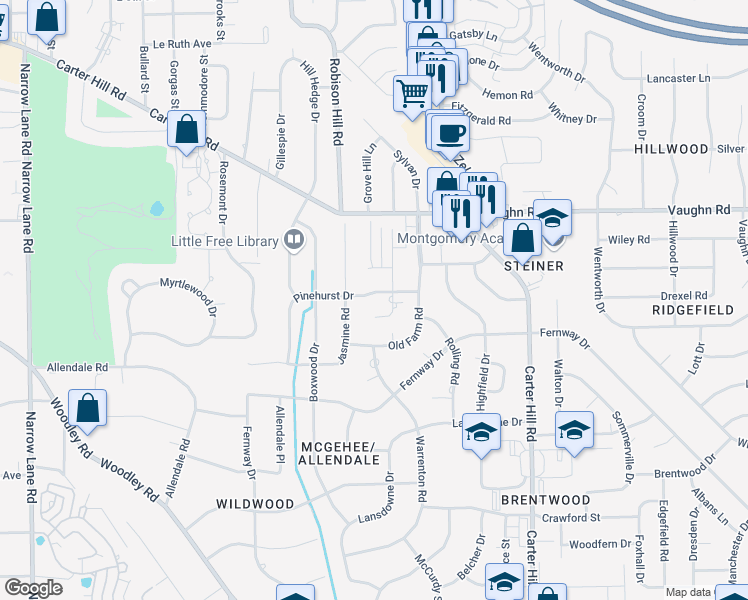 map of restaurants, bars, coffee shops, grocery stores, and more near 3019 Pinehurst Drive in Montgomery