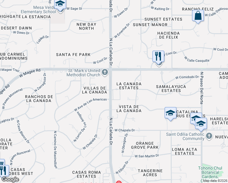 map of restaurants, bars, coffee shops, grocery stores, and more near 7856 North Calle de la Aldea in Tucson