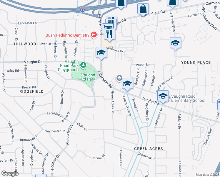 map of restaurants, bars, coffee shops, grocery stores, and more near 1900 Green Acres Drive in Montgomery