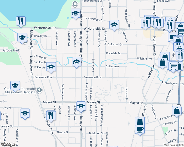 map of restaurants, bars, coffee shops, grocery stores, and more near 3508 Brame Avenue in Jackson