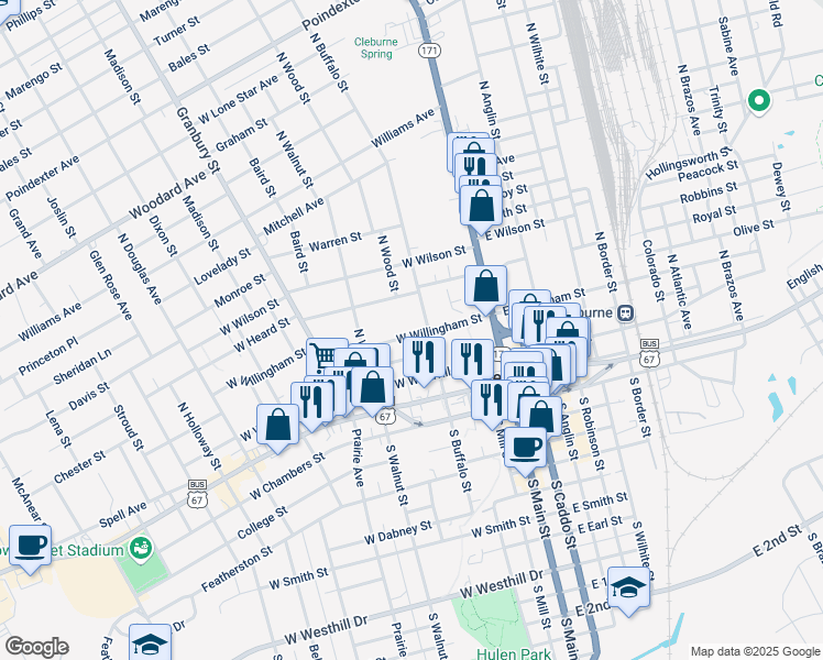 map of restaurants, bars, coffee shops, grocery stores, and more near 207 West Willingham Street in Cleburne