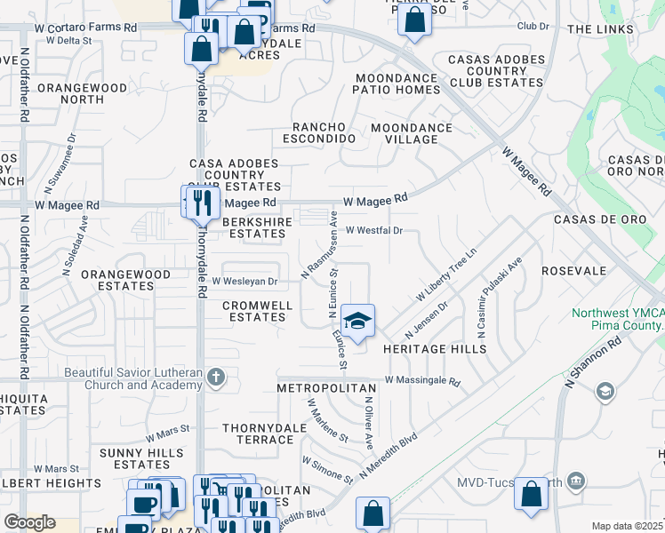 map of restaurants, bars, coffee shops, grocery stores, and more near 3411 West Blacksill Drive in Tucson