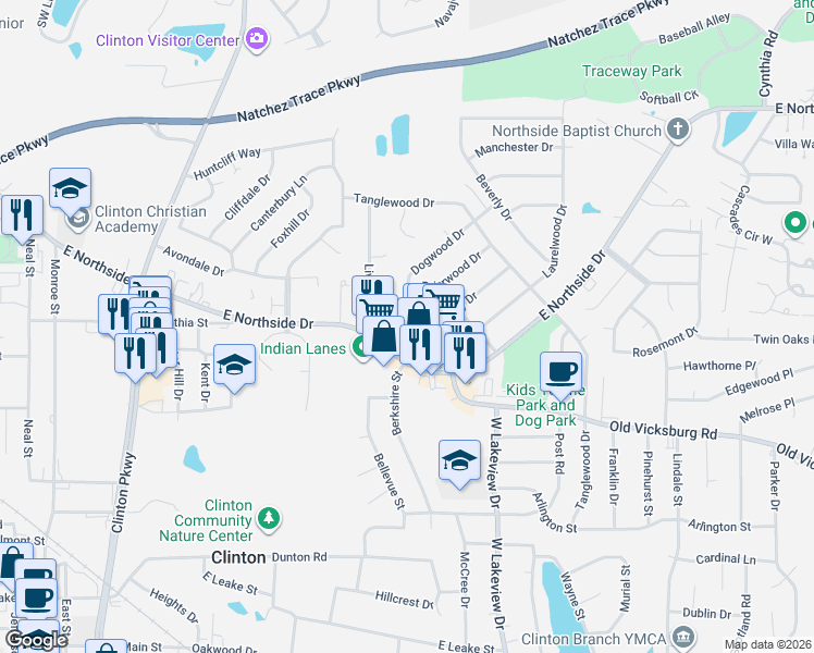 map of restaurants, bars, coffee shops, grocery stores, and more near 809 Normandy Drive in Clinton