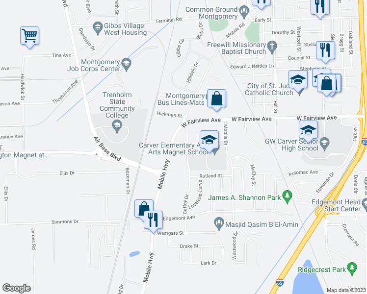 map of restaurants, bars, coffee shops, grocery stores, and more near 3038 Fairwest Place in Montgomery