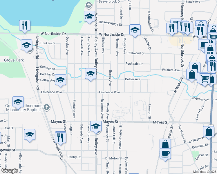 map of restaurants, bars, coffee shops, grocery stores, and more near 3508 Brame Avenue in Jackson