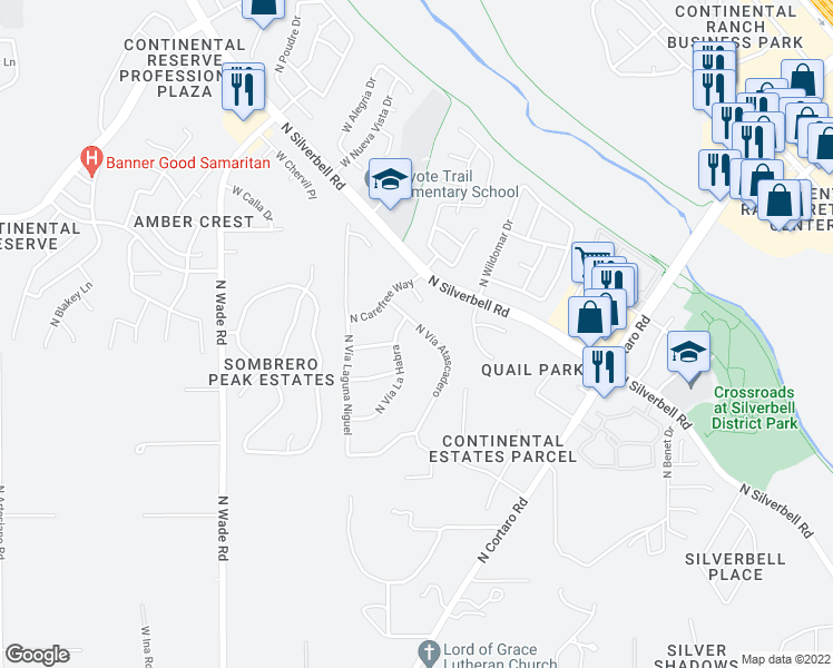 map of restaurants, bars, coffee shops, grocery stores, and more near 7853 North Vía Atascadero in Tucson