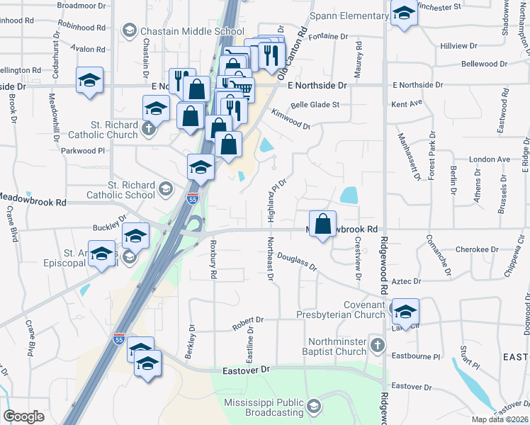 map of restaurants, bars, coffee shops, grocery stores, and more near 4228 Hanover Place in Jackson
