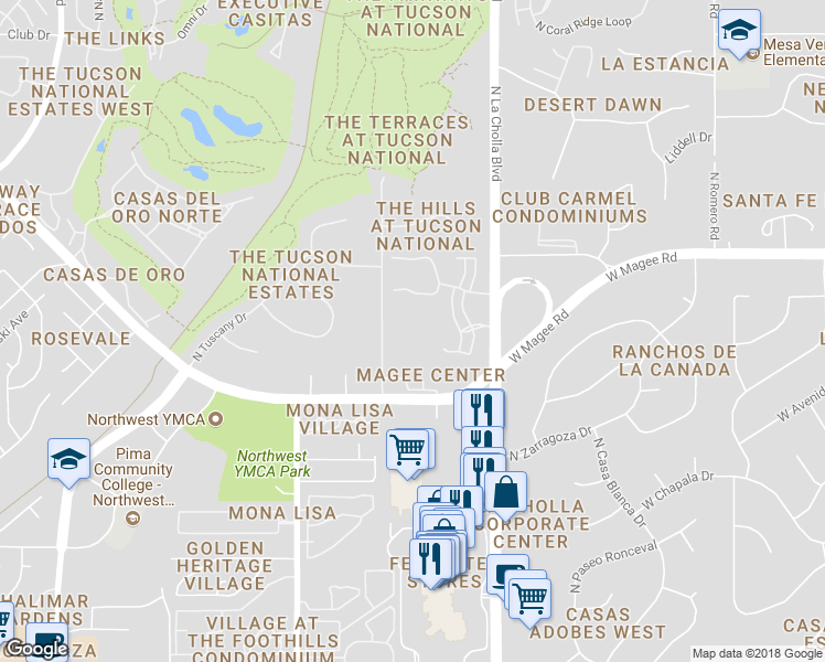 map of restaurants, bars, coffee shops, grocery stores, and more near 7801 North La Cholla Boulevard in Tucson