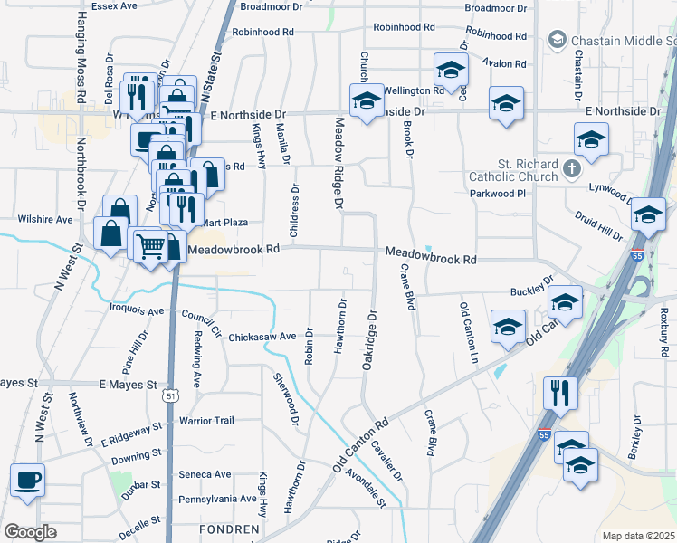 map of restaurants, bars, coffee shops, grocery stores, and more near 830 Brookwood Road in Jackson
