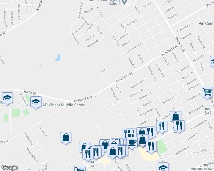 map of restaurants, bars, coffee shops, grocery stores, and more near 712 McAnear Street in Cleburne