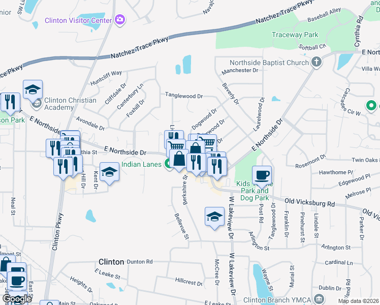 map of restaurants, bars, coffee shops, grocery stores, and more near 809 Normandy Drive in Clinton