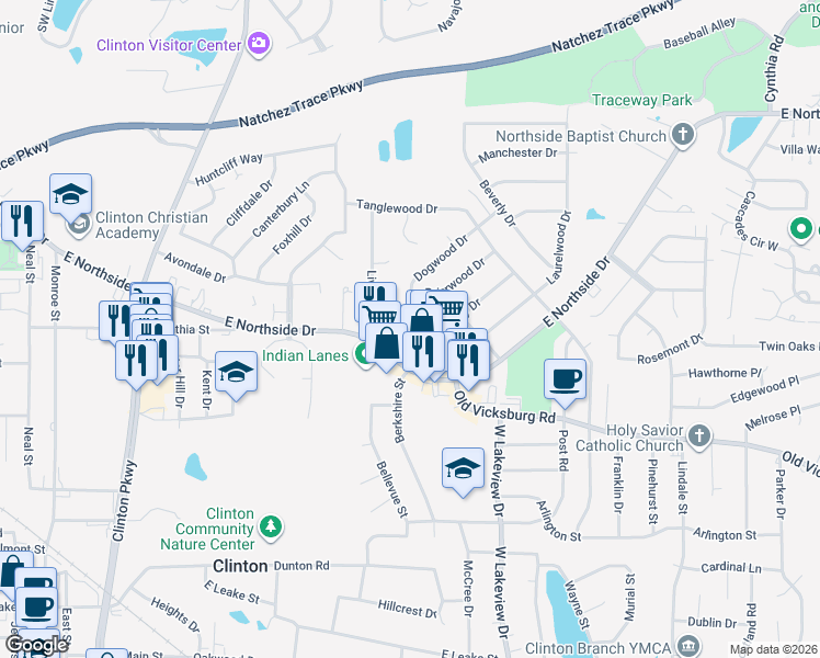 map of restaurants, bars, coffee shops, grocery stores, and more near 809 Normandy Drive in Clinton