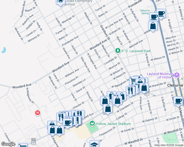 map of restaurants, bars, coffee shops, grocery stores, and more near 106 Glen Rose Avenue in Cleburne