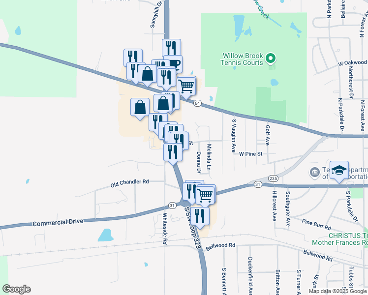 map of restaurants, bars, coffee shops, grocery stores, and more near 3716 West Elm Street in Tyler