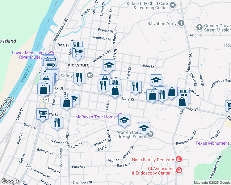 map of restaurants, bars, coffee shops, grocery stores, and more near 1403 Clay St in Vicksburg