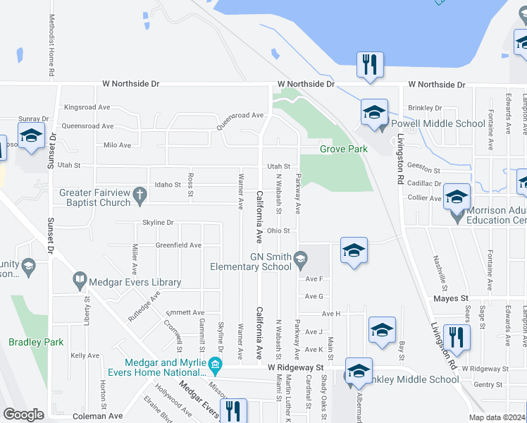map of restaurants, bars, coffee shops, grocery stores, and more near 4032 California Avenue in Jackson