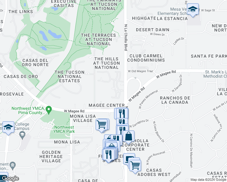 map of restaurants, bars, coffee shops, grocery stores, and more near 7801 North La Cholla Boulevard in Tucson