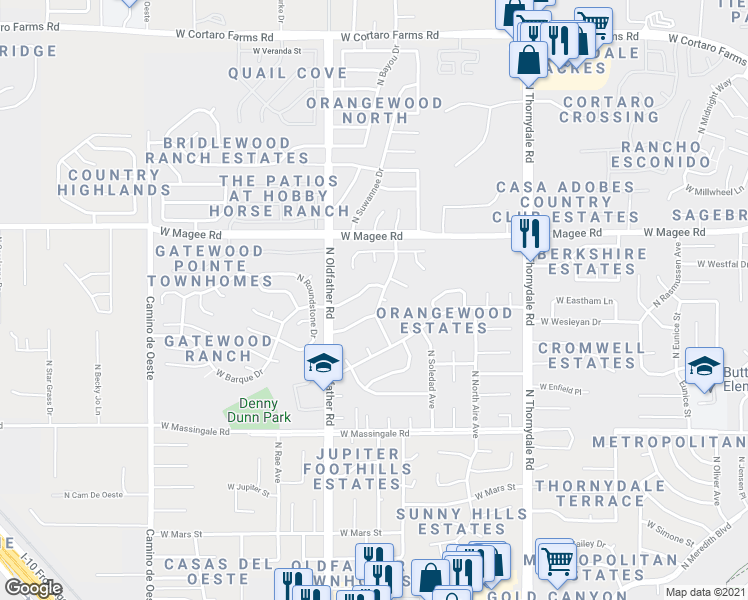 map of restaurants, bars, coffee shops, grocery stores, and more near 4118 West Sandarac Street in Tucson