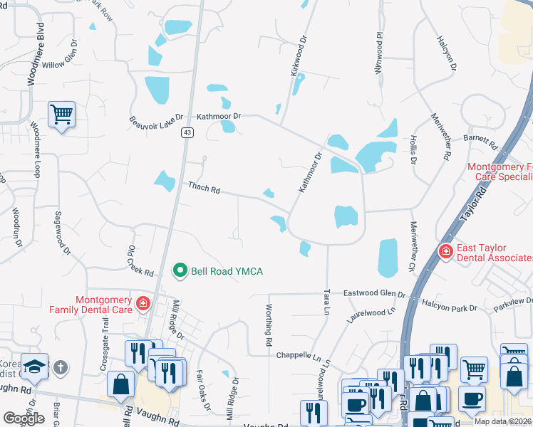 map of restaurants, bars, coffee shops, grocery stores, and more near 6521-6599 Kathmoor Drive in Montgomery