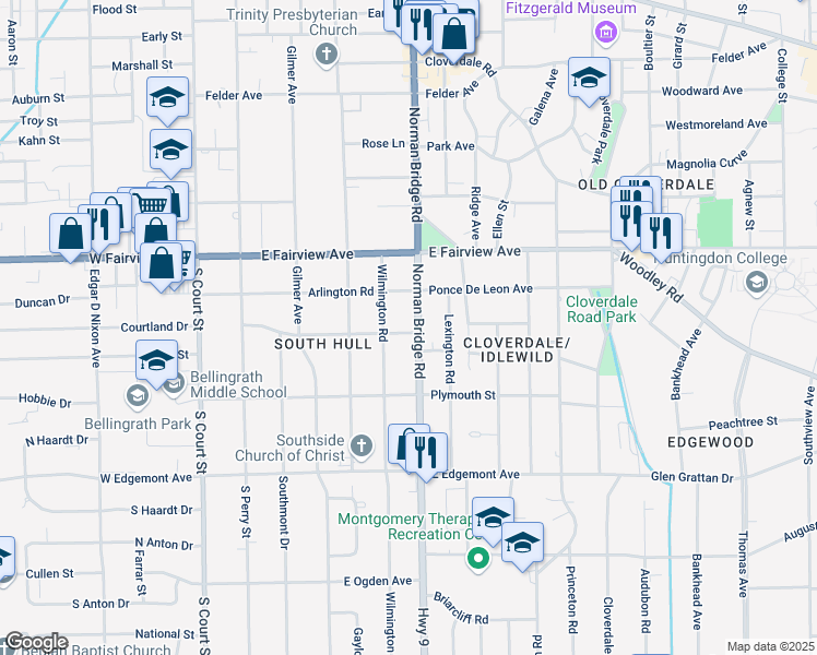 map of restaurants, bars, coffee shops, grocery stores, and more near 3173 Norman Bridge Road in Montgomery