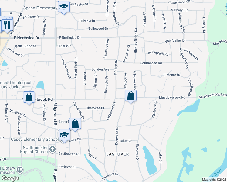 map of restaurants, bars, coffee shops, grocery stores, and more near 2074 Meadowbrook Road in Jackson