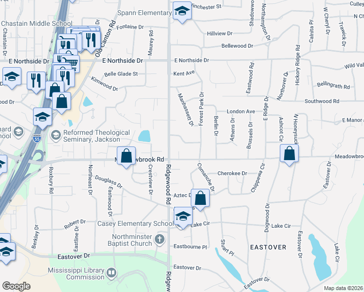 map of restaurants, bars, coffee shops, grocery stores, and more near 1812 Meadowbrook Road in Jackson