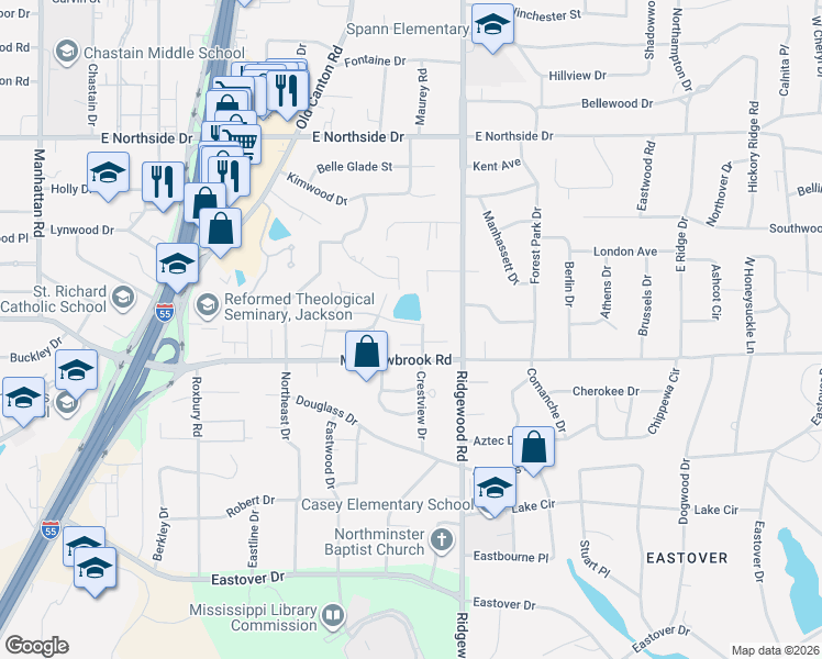 map of restaurants, bars, coffee shops, grocery stores, and more near 3 Crestview Cove in Jackson