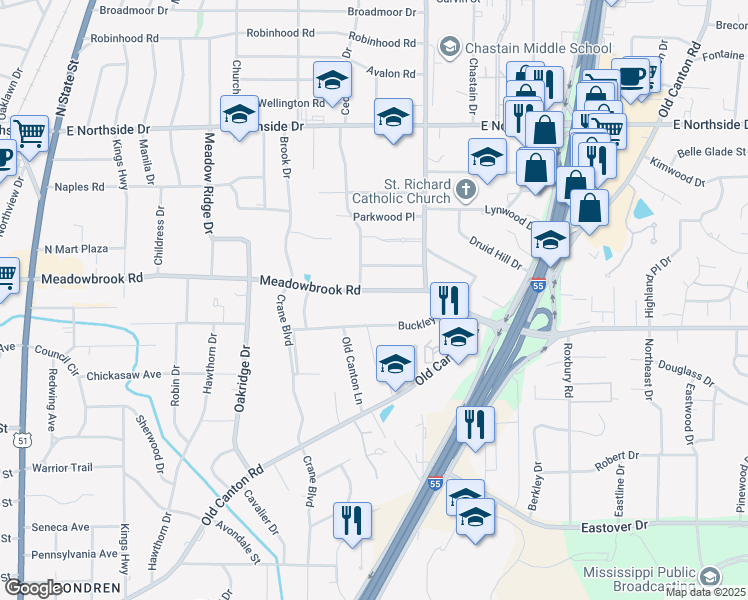 map of restaurants, bars, coffee shops, grocery stores, and more near 1025 Meadowbrook Road in Jackson