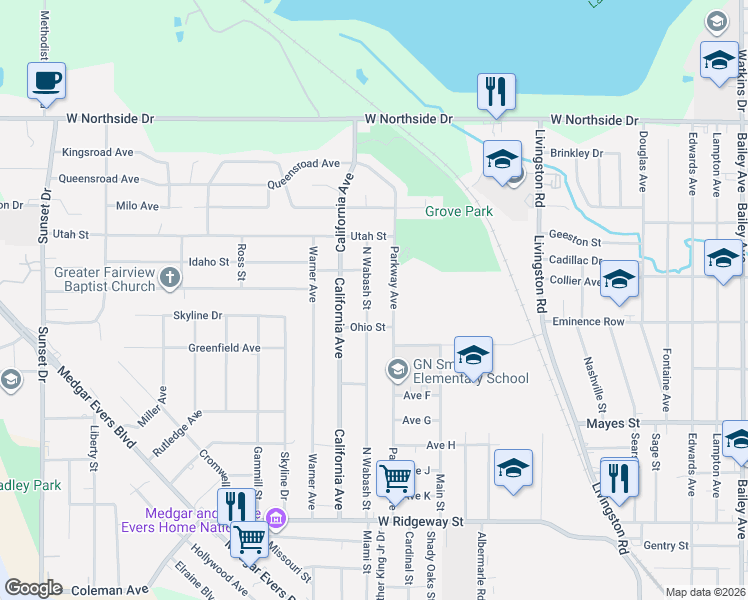 map of restaurants, bars, coffee shops, grocery stores, and more near 4016 North Wabash Street in Jackson
