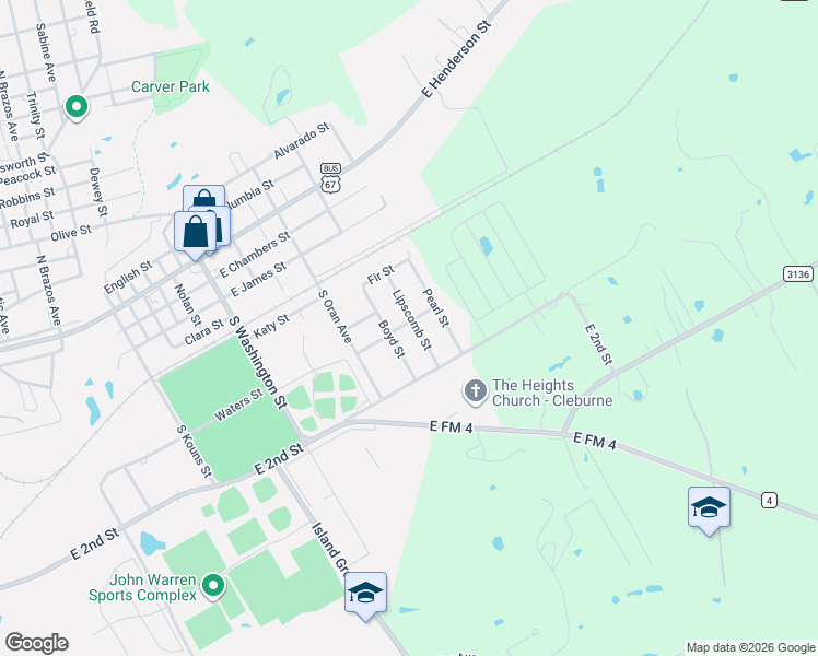 map of restaurants, bars, coffee shops, grocery stores, and more near 306 Lipscomb Street in Cleburne