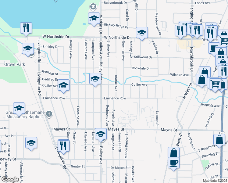 map of restaurants, bars, coffee shops, grocery stores, and more near 3508 Brame Avenue in Jackson