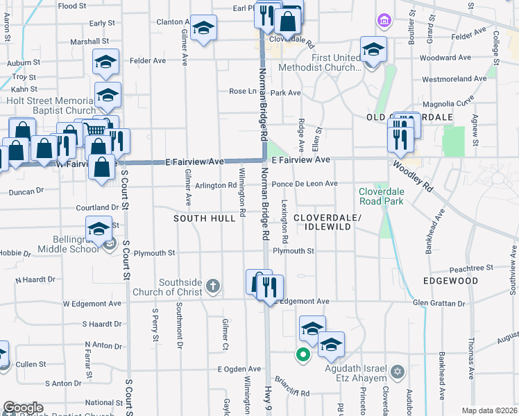 map of restaurants, bars, coffee shops, grocery stores, and more near 3154 Norman Bridge Road in Montgomery