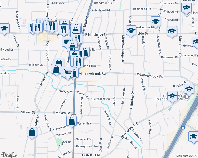map of restaurants, bars, coffee shops, grocery stores, and more near 656 Choctaw Road in Jackson
