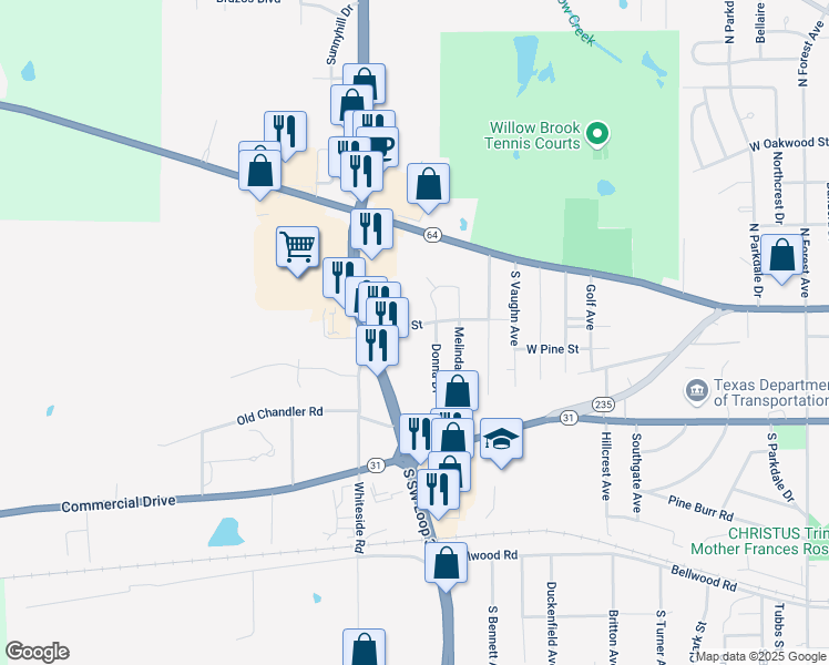 map of restaurants, bars, coffee shops, grocery stores, and more near 3716 West Elm Street in Tyler