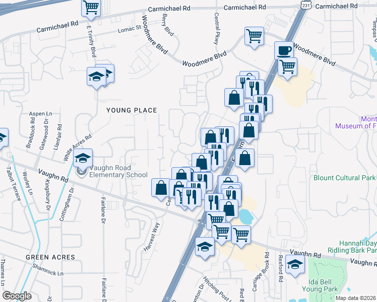 map of restaurants, bars, coffee shops, grocery stores, and more near 2400 Central Parkway in Montgomery