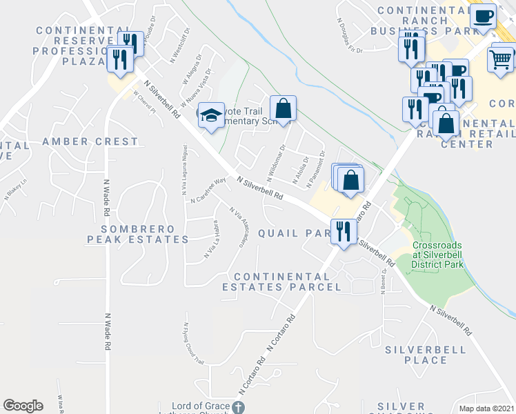 map of restaurants, bars, coffee shops, grocery stores, and more near 7873 North Quail Park Place in Tucson