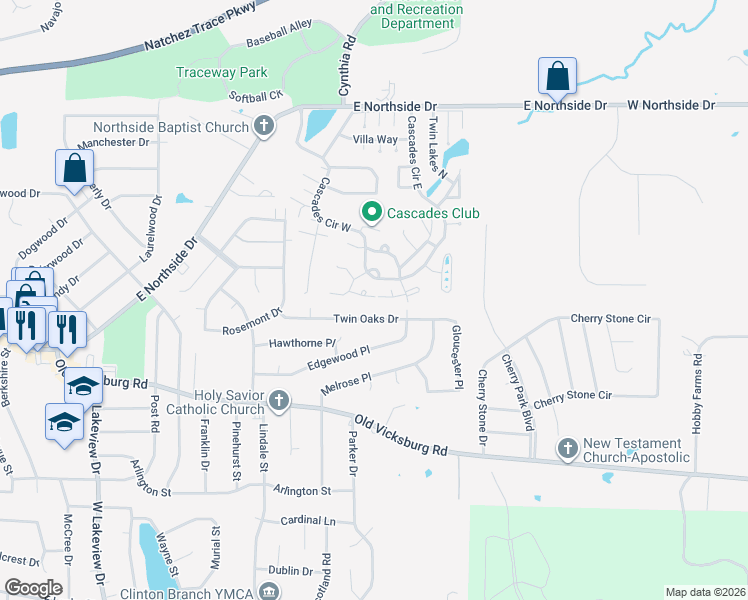 map of restaurants, bars, coffee shops, grocery stores, and more near 1613 Twin Oaks Drive in Clinton