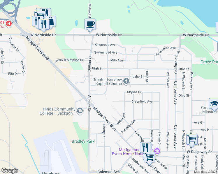 map of restaurants, bars, coffee shops, grocery stores, and more near 2632 Skyline Drive in Jackson