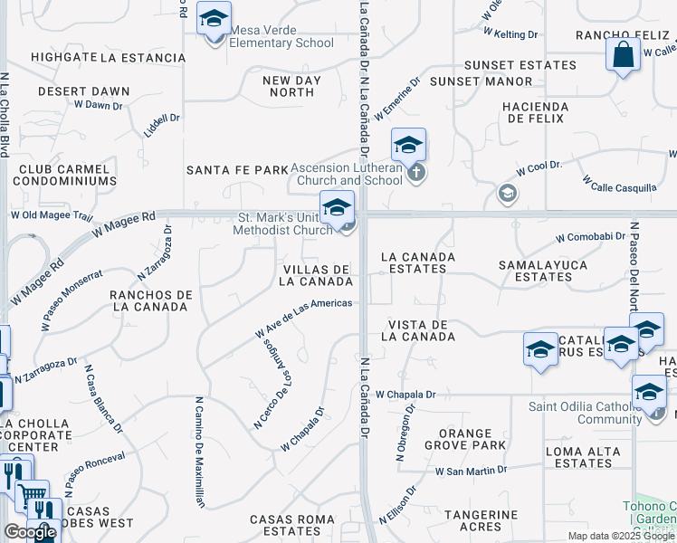 map of restaurants, bars, coffee shops, grocery stores, and more near 1443 West Sendero Uno in Tucson