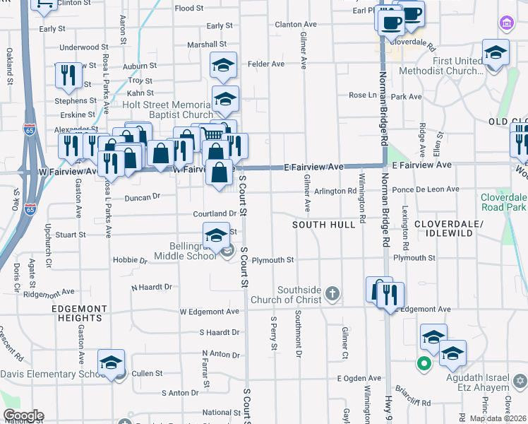 map of restaurants, bars, coffee shops, grocery stores, and more near 3218 South Perry Street in Montgomery