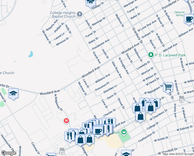map of restaurants, bars, coffee shops, grocery stores, and more near 1113 Williams Avenue in Cleburne